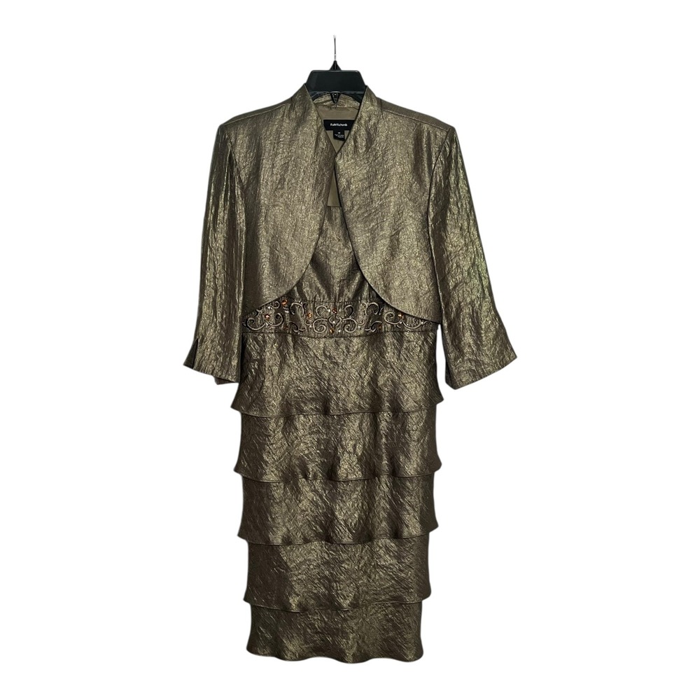 R&M Richards Womens 14 2PC Dress Set Metallic Bronze Tiered Beaded Bolero Jacket